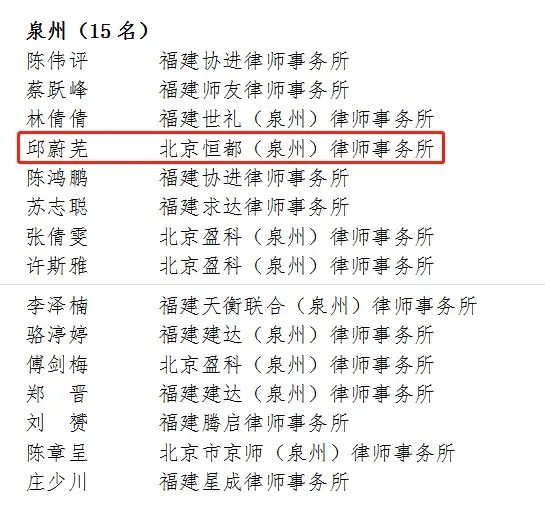 恒都泉州分所邱蔚芜律师入选福建省第五期优秀青年律师人才库